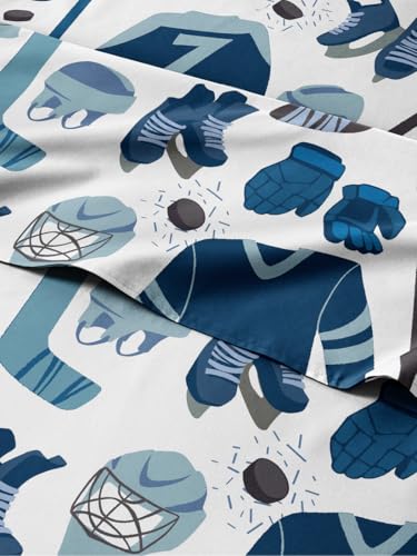 Image of Kids Full Size Blue Ice Hockey Bed Sheets - 4 Piece Sport Sheet Set - Ice Hockey Player Print Bedding - Soft, Breathable & Machine Washable - Sports Game Bed Set for Boys, Girls, Teens and Toddlers