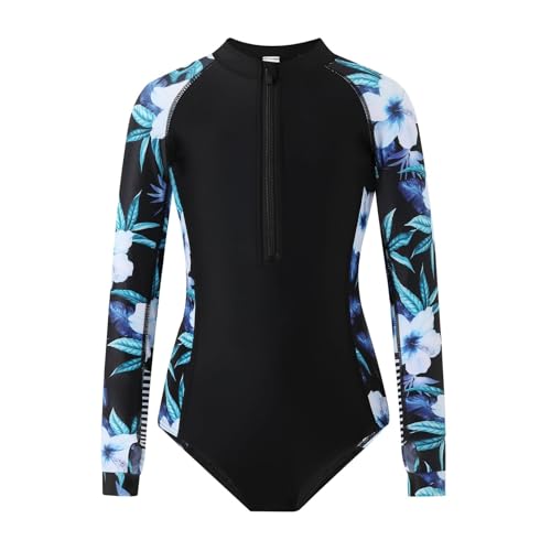 OXUBOAO Kids Swimming Costume for Girls Long Sleeve Swimsuit Girls One Piece Bathing Suit Floral Zipper Swim Suit (Black,9-10T)