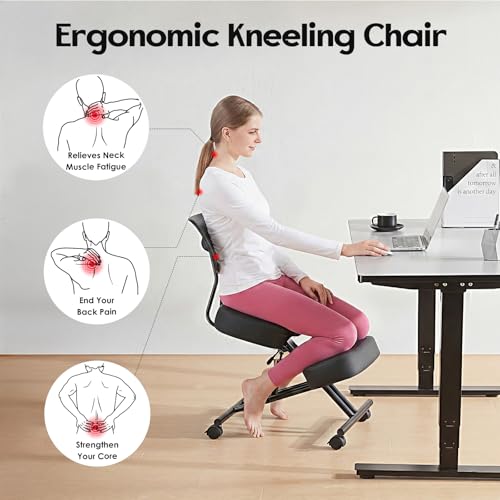 Image of Kneeling Chairs with Backrest PU Leather Ergonomic Home Office Chair Adjustable Height Seat Rolling Wheels Comfort Thick Cushion Work Stool Improve Posture Chair
