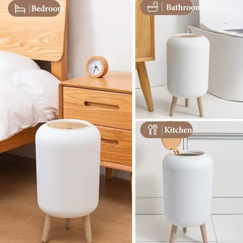 Image of House of Quirk Trash Can With Lid For Bathroom, 10 Liter Kitchen Dustbin Modern Office Trash Can With Legs, Slim Plastic Basket Open-Top For Bathroom, Bedroom Round (White)