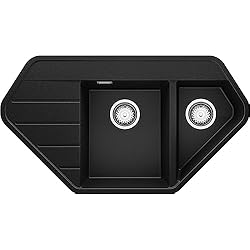 Fregadero Esquina Bricomart Fregadero de Esquina 90 x 50 cm, Fregadero Granito 1,5 Senos + Sifón Clásico, Fregadero Empotrado con Escurridor Copenhague Corner de Primagran, Negro