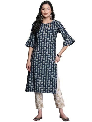 Libas Womens Printed Silk Straight Kurta for Women Blue