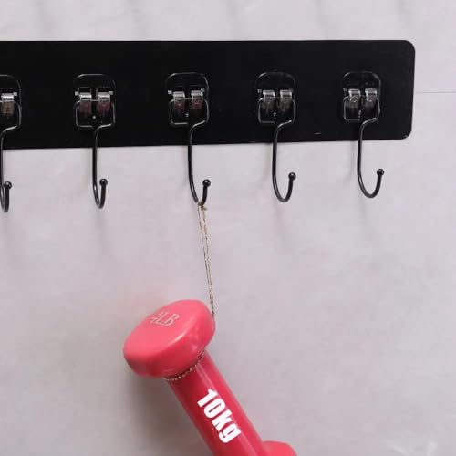 Image of 1 PCS Adhesive Sticker Wall Mounted Coat Hook Rack 6 in 1 Heavy Duty Sticky Hooks No Drilling Strong Load Bearing Organizer for Kitchen Bathroom Bedroom Doors Tiles (Black Color)