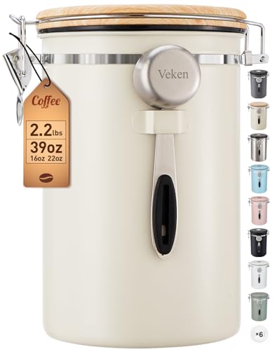 Veken Coffee Canister, 39OZ Large, Airtight Stainless Steel Food Storage Container for 2.2lbs Coffee Beans, Ground, Sugar, Tea, Flour, Cereal, Kitchen Bar Accessories with Date Tracker & Scoop, Cream