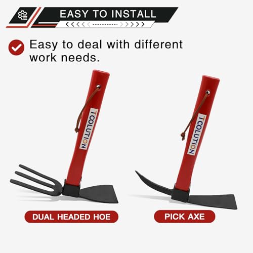 TOOLUTION 4-Pcs Gardening Tool Set – Pick Axe, Hoe, Hand Tiller & Garden Weasel Rake with 10.6\" Wooden Handles, DIY Assembly Required, Garden Tools for Digging, Soil Loosening, Weeding & Cultivating - Thumbnail 5