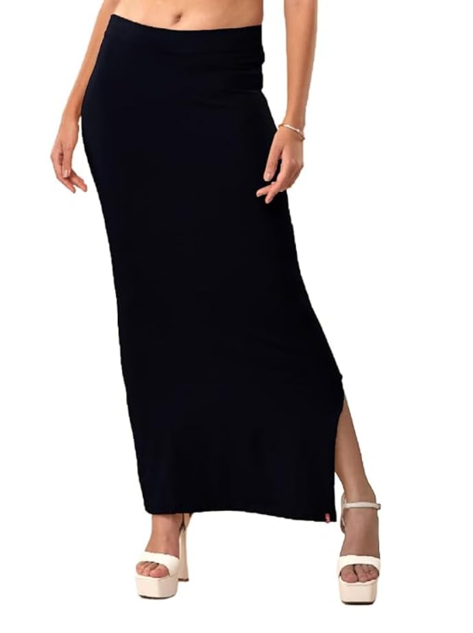 Women's Long Maxi Skirt with Side Slit, Black, High Waisted, Casual Style, Floor Length || Women's Stretchable Saree Shapewear Petticoat | Black, Ankle Length, Side Slit | in Free Size-picture-28