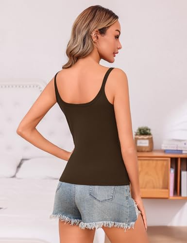 Totatuit Women Casual Spaghetti Strap Camisole Top Square Neck Tank Tops Fitted Layering Tops Basic Undershirts Athletic Tanks Brown Medium — view 3