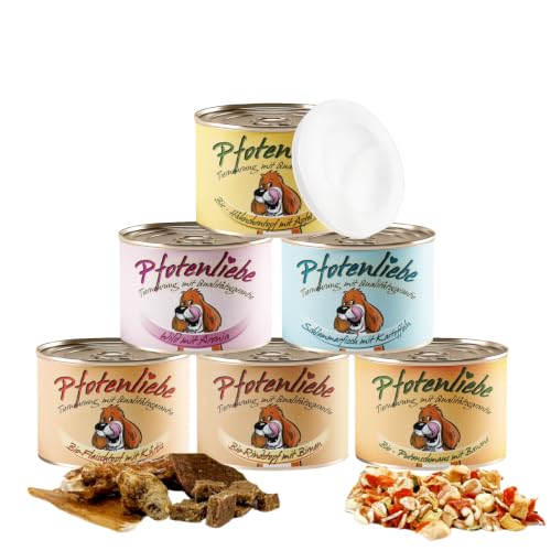 Pfotenliebe Bio-Hundefutter, Schnupperpaket mit verschiedenen Sorten, ausgezeichnete Bio Qualität seit 2007, 6x200g