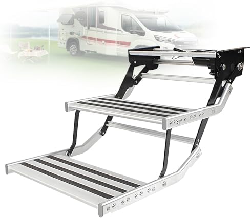 Retractable 2-Step RV Stairs with LED Light | Electric/Manual Aluminum Steps for Safe Entry & Exit in Night, Rain, & Snowy Conditions