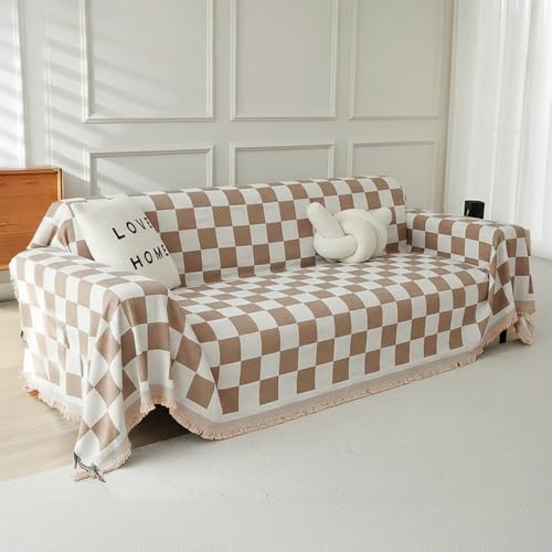 Image of The Furnishing Tree 3 Seater Reversible Chenille Sofa Cover, Double-Sided Luxury Throw, Anti-Slip Couch Cover, Soft & Comfortable Sofa Towel for All Seasons, Checkered Aesthetic