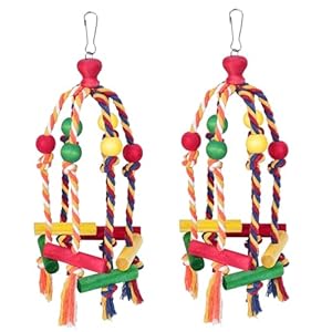 2PCS Dangly Rope Bird Toys，Medium and Small Birds Toys Multicolored Natural Wooden Bird Chewing Bird Cage Accessories for Parakeet Parrot Conure Cockatiel Budgies Lovebird Cage Toy