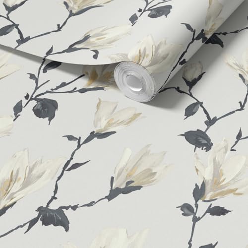 WPE® Arthouse Lily Floral Wallpaper – Cream Colourway – Traditional Paste-The-Paper Roll – Botanical Wall Covering for Bedroom, Living Room, Accent Wall