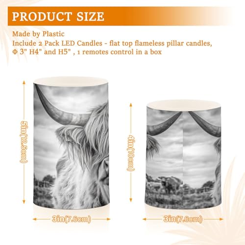 Image of Grey White Highland Cow Pattern Flickering Flameless Candles LED Battery Operated with Remote Timer Pillar Candles for Home Birthday Wedding Christmas Decor, Set of 2