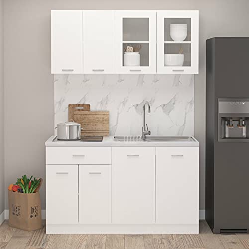 4 Piece Kitchen Cabinet Set Kitchen Furniture Set Kitchen Cupboard Storage Cabinet Wall Cabinet&Floor Cabinet Set Kitchen Cupboard Storage Cabinet White Chipboard