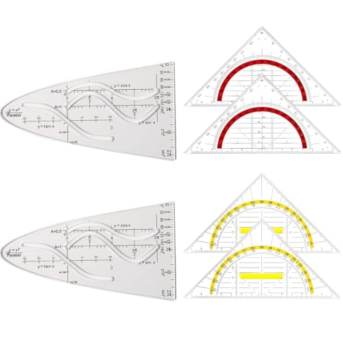 6er set,Geodreieck Mit Griff und Geodreieck Groß, Parabelschablone & Flexibel Geodreieck Set, Geometrie Dreieck Winkelmesser für Schule Studenten Büro