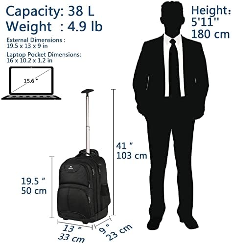 Wheeled Backpack, Water Resistant Wheeled Laptop Rucksack Business Trolley Bag for Men Women, Carbon Black