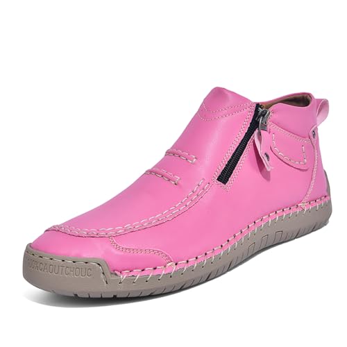 ENOEGMSD Women's Hand-stitched Ankle Chukka Boots Side Zipper Orthopedic Leather Handmade Casual High Top Loafers Comfort Slip-On Outdoor Flat Walking Driving Shoes (Red,11.5)