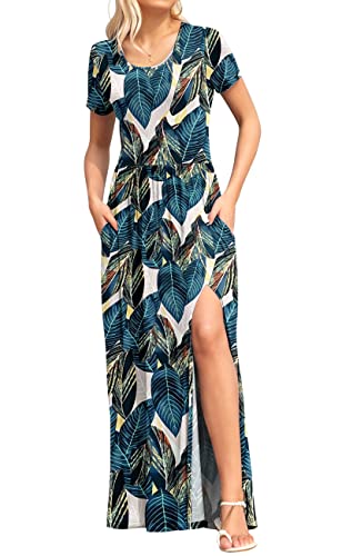 Image of AUSELILY Women Maxi Dress 2025 Summer Short Sleeve Side Split Casual Long Dresses with Pockets