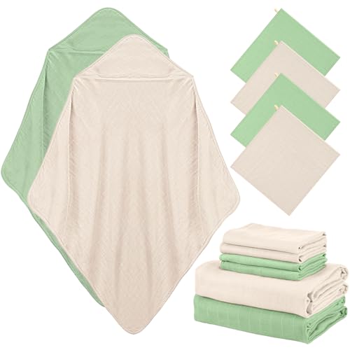 Image of Preboun 6 Pcs Muslin Hooded Baby Towels and Washcloths 32 inchx 32 inch Cotton Newborn Bath Towel Anti-Shrink Infant Baby Blankets with Hood 12 inchx 12 inch Washcloths for Girl Boy Toddler(Ivory,Green)