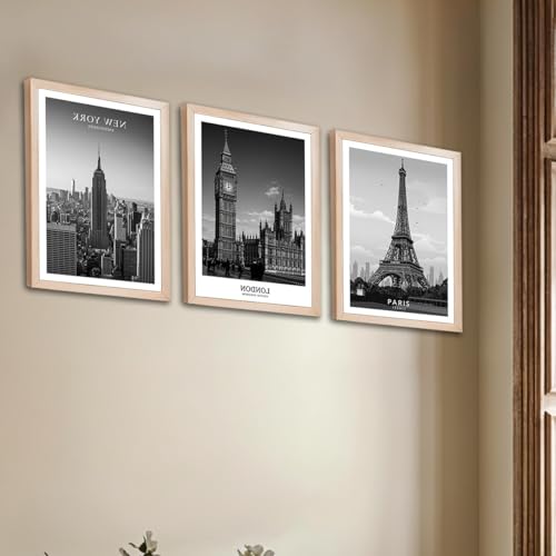 Image of NoWorries Black & White City Wall Art Framed Painting Set of 3 | New York London Paris Skyline Prints with Frame | Modern Minimalist Travel Poster Wall Decor Frames for Living Room, Bedroom and Office | Ready to Hang (Art-1, 13x19inch, Wooden)