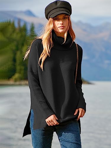 Anrabess Womens Turtleneck 2023 Winter Long Sleeve Oversized Chunky Warm Sweater Irregular Hem Casual Pullover Tunic Knit Tops Black 452Hei-M #TOP1