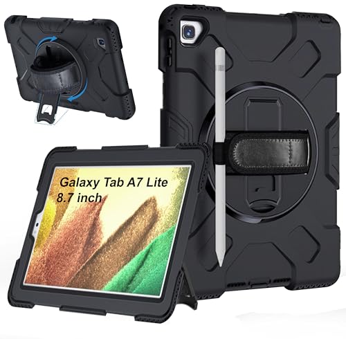 Image of TGK Heavy Duty Hybrid Case for Samsung Galaxy Tab A7 Lite 8.7 inch Shockproof Sturdy Cover with Rotating Stand, Handle and Pen Holder Black