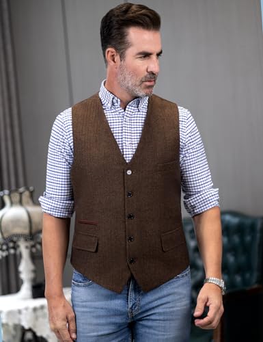 SOLOVEDRESS Mens Vintage Classic Herringbone Pattern Suit Vest V Neck Casual Wool Blend Waistcoat for Men3