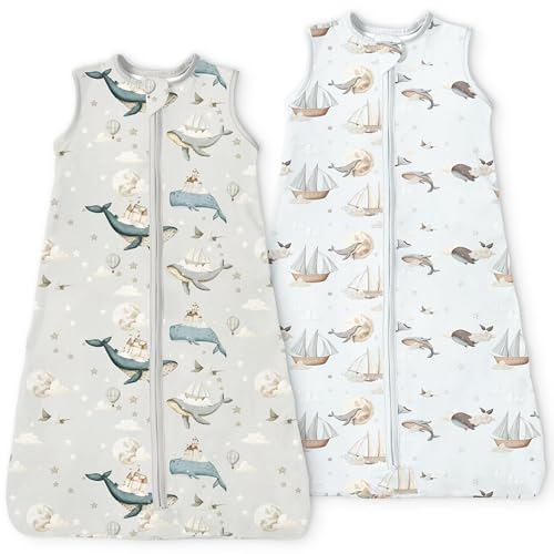 Image of Baby Sleep Sack 6-12-15 Months Light Wearable Blanket for Babies with 2-Way Zippers, 0.5 TOG Premium Soft Breathable Sleeping Bag for Baby Boys Girls 2-Pack(Whale & Cloud)