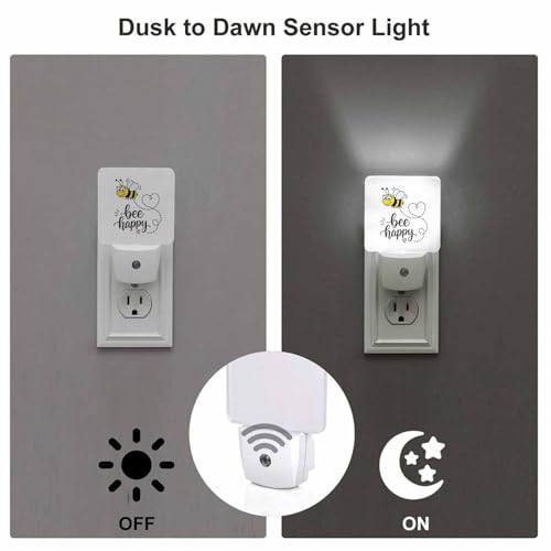 Image of LED Night Light,Bee Happy Funny Text Quote Cute Fat Bee LED Night Light Plug into Wall with Dusk to Dawn Light Sensor White Energy Efficient Nightlight for Bedroom Bathroom Hallway Living Room Kitchen