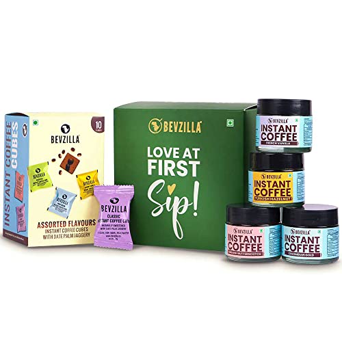 Image of Bevzilla Gift Box Of Flavoured Instant Coffee Powder Pack of 4 (25 Grams Each) & Assorted Pack of 10 Coffee Cubes|Perrfect For Gifting|100% Arabica Beans| Enjoy Hot & Cold