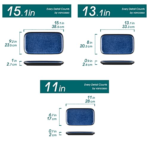 Vancasso Stern Serving Platters Set Of 3, 15/13/ 11 Inches Rectangular Stoneware Plates, Blue Serving Trays For Dinner, Party #TOP1