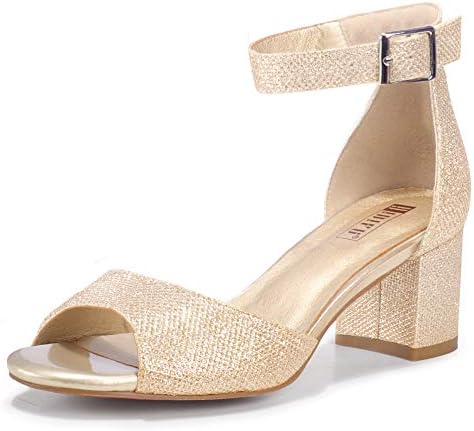 IDIFU Women's Gold Sparkly Chunky Pump Heel Sandals Peep Toe Low Block Ankle Strap Wedding Formal Dress Heels Shoes