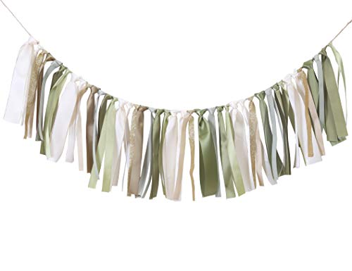 Olive Green Birthday Background Banner - Gender-neutral baby baptism, woodland first birthday decoration, ivory, gold ribbon garland decoration and birthday decoration, photo booth photo props. (Sage) by WAWUO - Used condition - US$11.28
