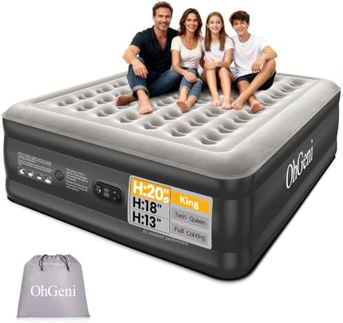 OhGeni 20" Raised King Air Mattress with Built in Pump, Luxury Real Bed Height Blow up Mattress, 3-4 Persons Inflatable Mattress for Guests & Family Party, Ideal for Elder People, 1000lbs