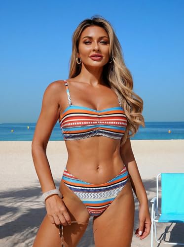 Image of ZAFUL Women 4pcs Ruched Striped Bikini Set High Cut Swimsuit with Sheer Fringed Cover Up Side Slit Shorts