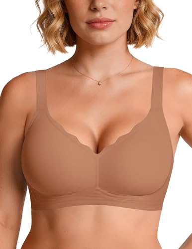 Vertvie Bras for Women Non Wired Seamless Wireless Push Up Bra Comfort Support Full Coverage Bralettes Scalloped Padded Sports Everyday Bra (Light Brown,M)