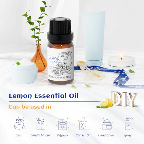 Image of HIQILI Lemon Essential Oil, Household Cleaning, Air Purification, Skin Care, Can be Added to Cleansers, Sprays, Body Lotions Use - 0.33 Fl Oz /10ML