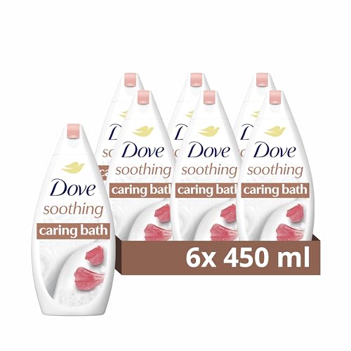 Image of Dove Soothing Caring Bath Bath Soak with ¼ moisturising Cream, Almond Cream & Hibiscus for an Indulgent Bubble Bath 6X 450 ml