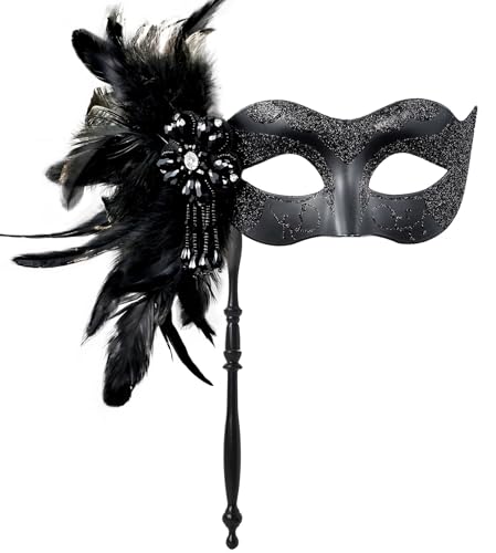 MYSEUNI Venezianische schwarze Maske mit Stock - Glänzende Federn für Damen - Für Halloween, Karneval, Cosplay, Silvester, Weihnachten, Hochzeit,...