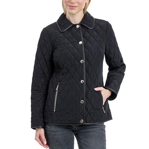 Michael Kors Womens Diamond Quilted Jacket for Women, Stylish Lightweight Jacket with Trim Detail, Black, Large