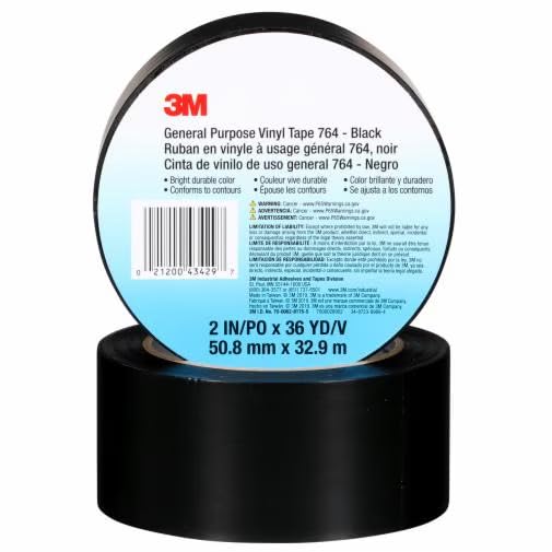 Image of 3M Vinyl Tape 764, General Purpose, 2 in x 36 yd, Black, 1 Roll, Light Traffic Floor Marking Tape, Social Distancing, Color Coding, Safety, Bundling