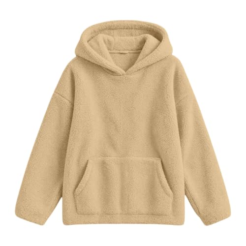Fuzzy Hoodies for Women Plush Casual Comfy Sweatshirt Beige - image 3