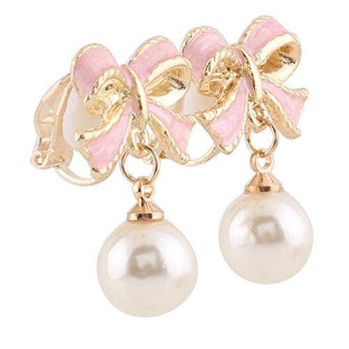Grace Jun Pink Bowknot Shape Clip On Earrings Without Piercing For Women Pearl Drop Earrings(Pink Bowknot Clip-Ons) #TOP3