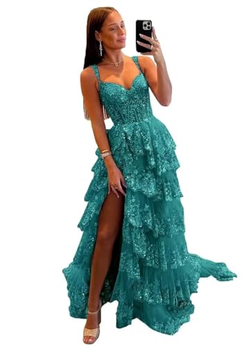Tulle Prom Dresses for Women with Slit Corset Back Lace Appliques Spaghetti Straps Formal Evening Party Gowns