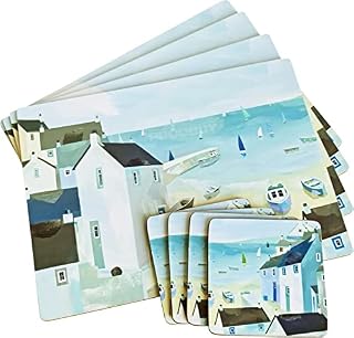 Set of Cork Backed Place Setting Placemats and Drinks Coasters - Coastal Harbour illustration design (4)