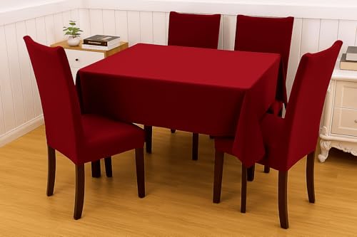 Image of Styleys Dining Chair Cover with Table Covers for Kitchen Waterproof Dining Table Cloth (1 Table Cover + 4 Chair Cover, Maroon, CTSD22)