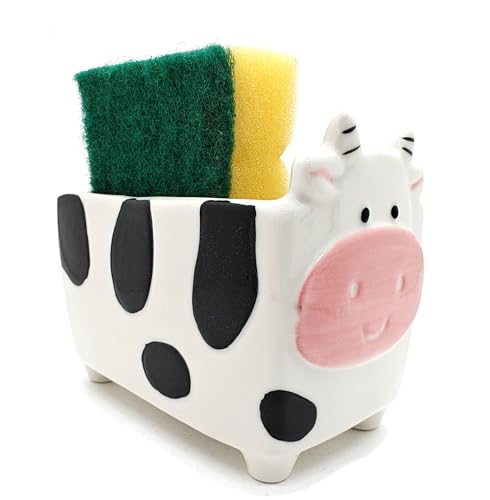 MONMOB Cute Kitchen Accessories Cow Sponge Holder Ceramic Cow Soap Holder Home Decor Design Ceramic Kitchen Sponge Holder Cow gift Ideal Gifts for Women, Mom or Birthdays