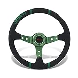 AJP Distributors Universal 350mm 14' Steering Wheel 6 Bolts Holes Black PVC Leather 4 Green Pin Stripe Light Weight Aluminum 3 Spoke Center Deep Dish Horn Button Grip Stance JDM VIP