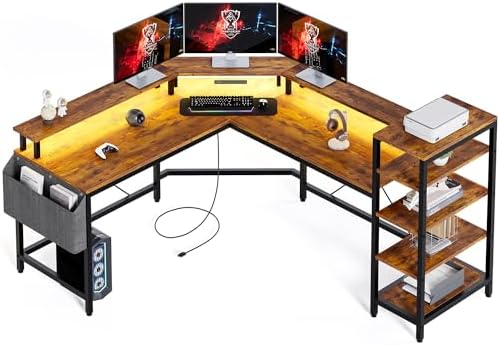 Patikuin L Shaped Desk with Power Outlets & LED Lights, 62" Computer Desk with Full Monitor Stand & Storage Shelves, Corner Desk Gaming Desk, Ergonomic Home Office Desk, Vintage