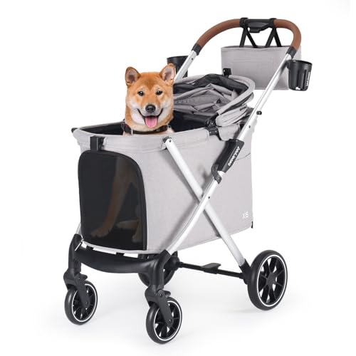 Beberoad Pets X6 Poussette pour chiens de taille moyenne jusqu'à 30 kg, pliable en un clic, convient pour les voyages et les promenades, capote à 180°, absorption des chocs à 4 roues, grise